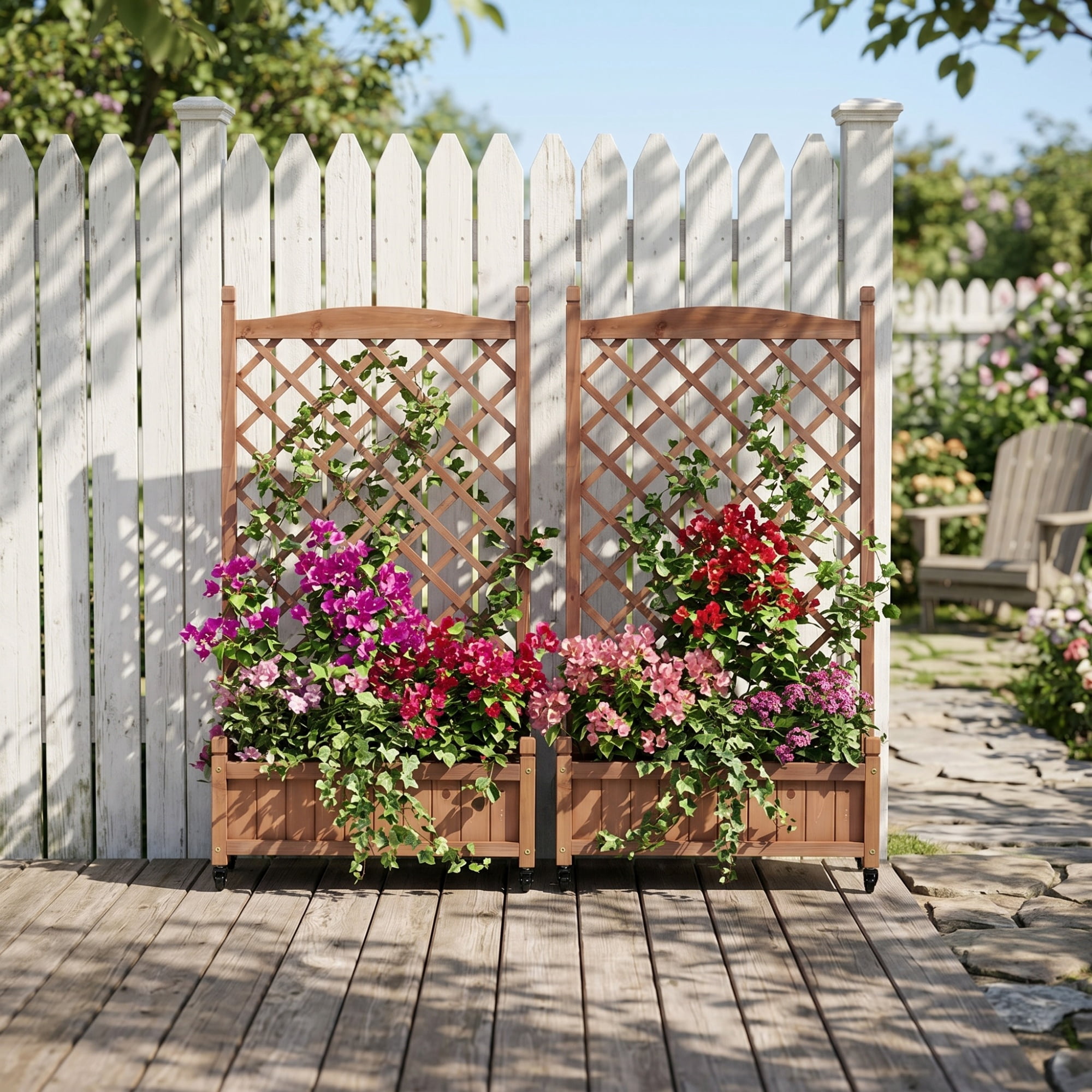 Set of 2 Raised Garden Beds with Trellis and Wheels, Outdoor Wooden Planter Box and Plant Stand with Climbing Racks, Brown