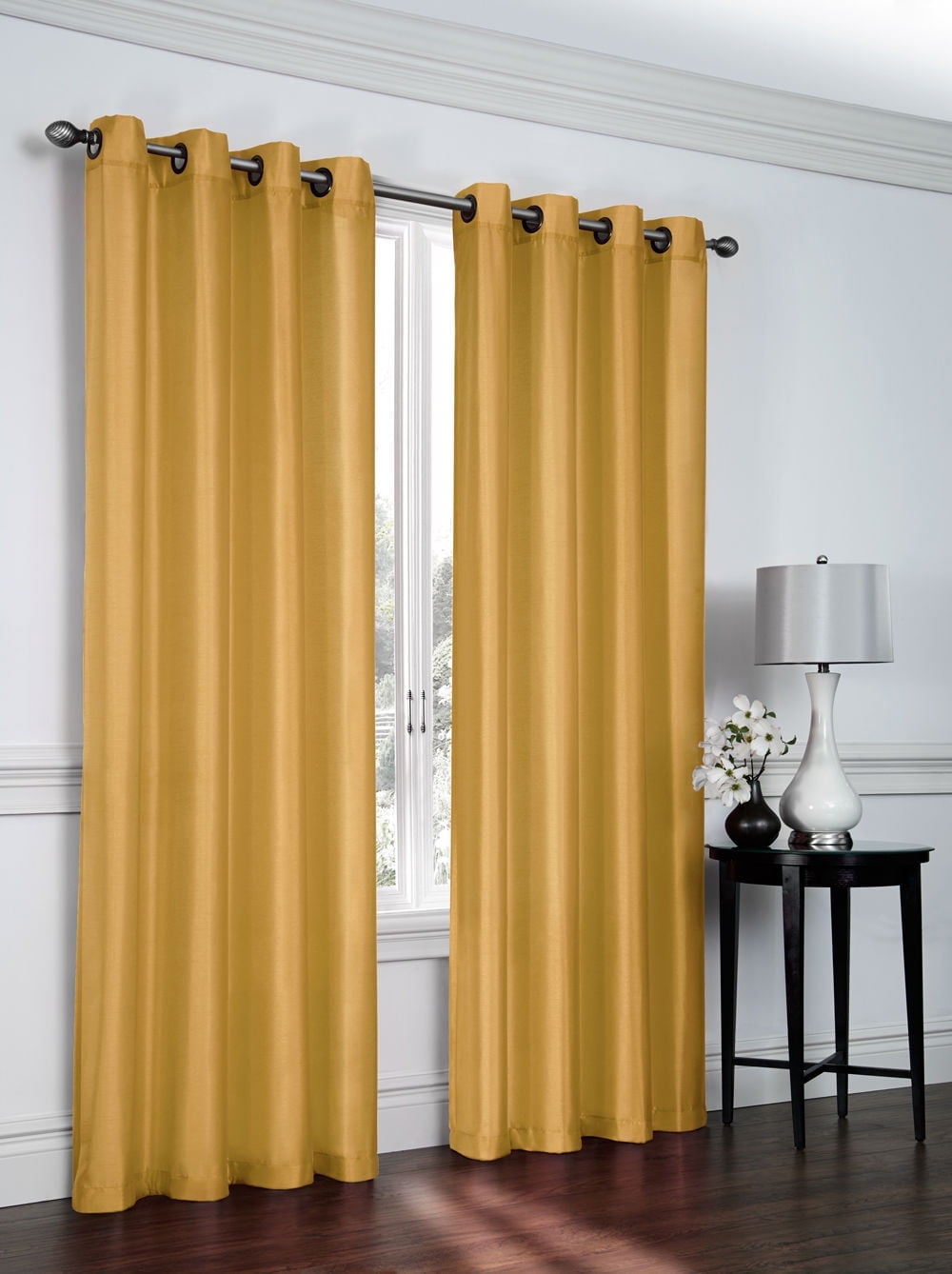 Luxury Home Textile Gold Solid Print Grommet Light Filtering Window Curtain, 55” x 84” (2 Panels)