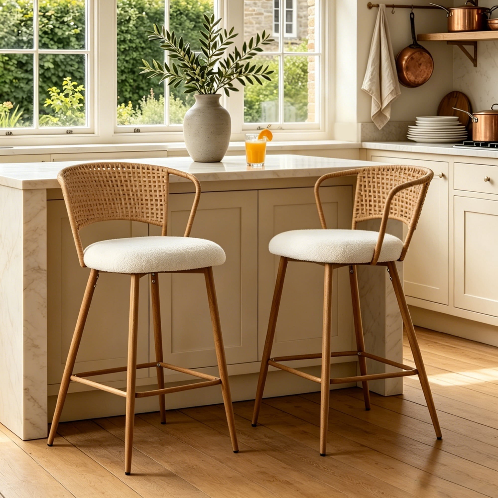 Set of 2 Rattan Backrest Bar Stools with Metal Legs and Upholstered Seat, Modern Boho Counter Stools and Kitchen Island Chairs, Cream