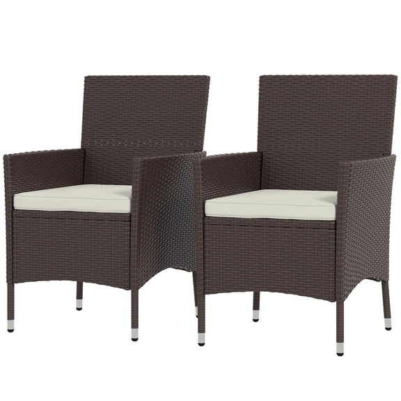 Set of 2 Rattan Dining Chairs Dark Coffee Wicker Outdoor Stackable with Cushions