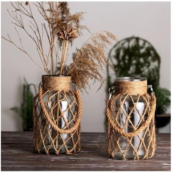 Set of 2 Rattan Hanging Mason Vase - Decorative Jars With Rope for Wedding Party Table Sea Beach Decor (2 Vases 8'')