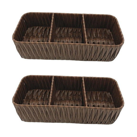 Set of 2 Rattan Three-compartment Box Woven Basket Home Decor Coffee Bar Table Station Simple Storage