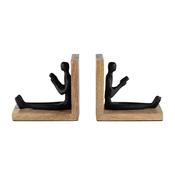 Set of 2 Reading Man Bookends 6" Wooden and Aluminum Black and Brown Decorative Bookends for Home or Office Unique