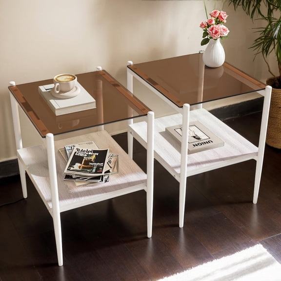 Set of 2 Rectangle End Table, Nightstand with Brown Tempered Glass Tabletop & White MDF layer, Modern Side Table for Living Room, Bedroom