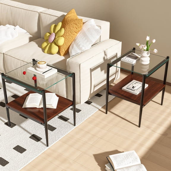 Set of 2 Rectangle End Table, Tempered Glass Side Table with MDF Storage Shelf, Modern Living Room Accent Table, Black+wood+ Transparent Glass