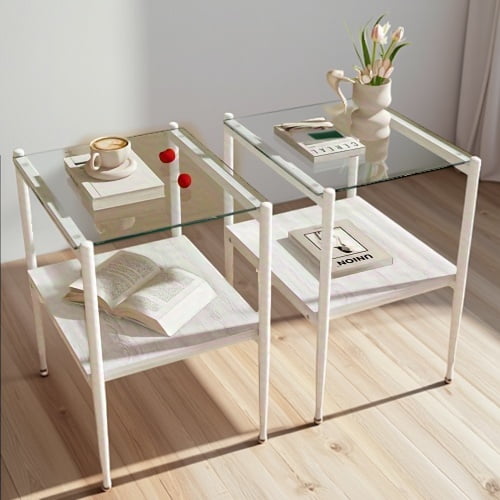 Set of 2 Rectangle End Table, Tempered Glass Tabletop with MDF layer, Modern Table for Living Room , Transparent Glass