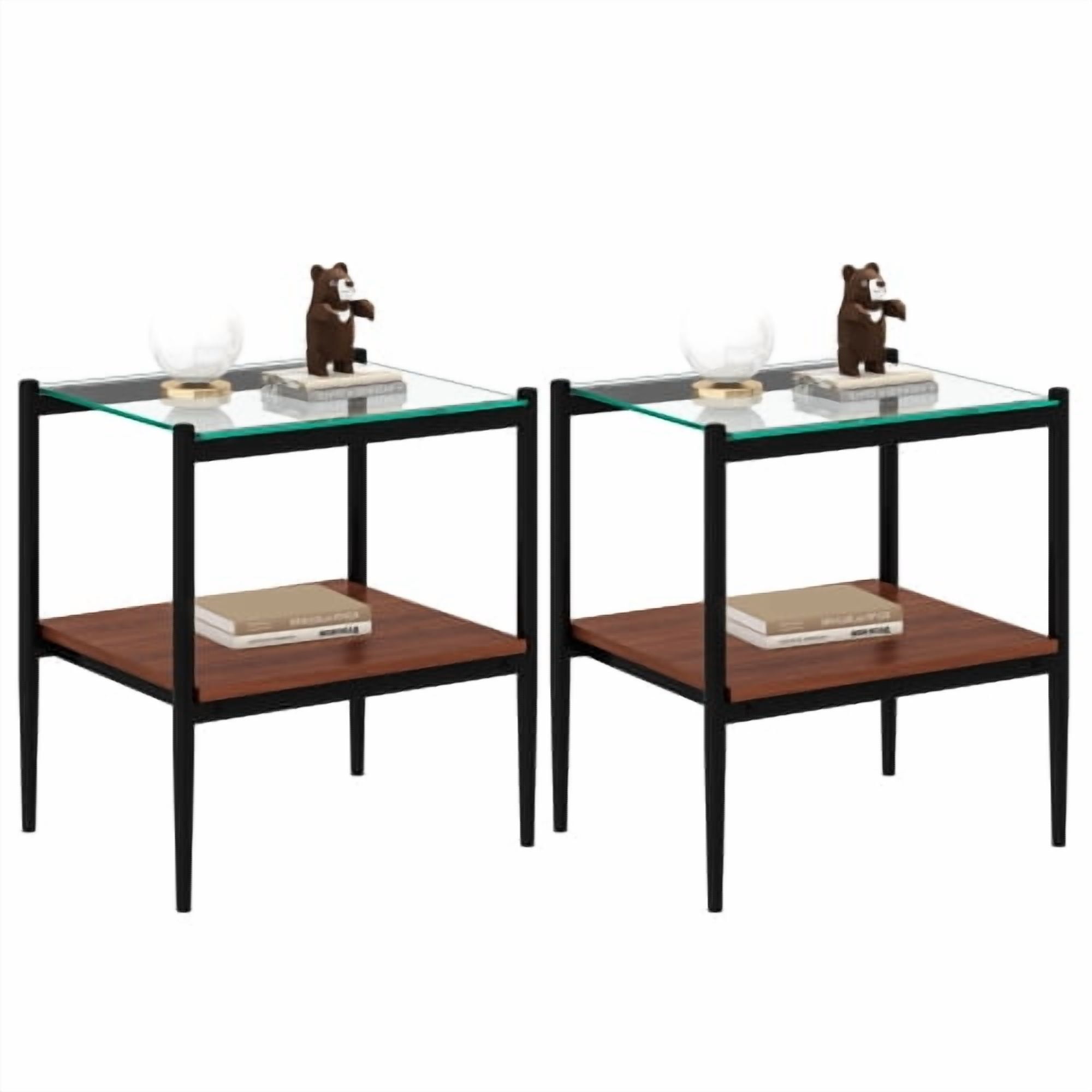 Set of 2 Rectangle End Table, Transparent Tempered Glass Tabletop with ...