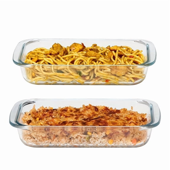 Set of 2 Rectangular Glass Baking Trays, for Baking, Reheating Leftovers & Wide Noodles, Oven/Freezer/Dishwasher Safe