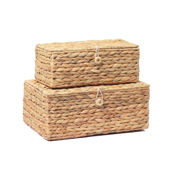 Set of 2 Rectangular Wicker Storage Bins with Lid Natural Rattan Boxes for Home Decor