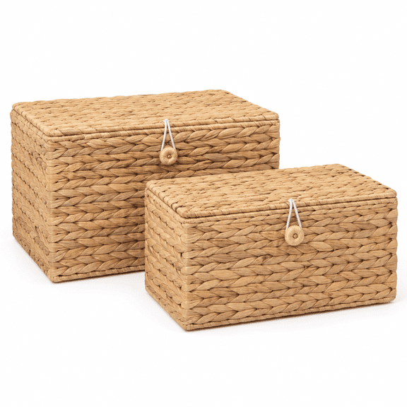 Set of 2 Rectangular Wicker Storage Bins with Lids, Water Hyacinth Decorative Storage Boxes, Multipurpose Shelf Organizer Baskets for Home Decor