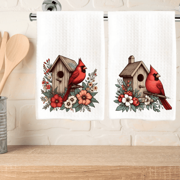 Set of 2 Red Cardinal Bird Dish Towels Christmas Christmas Decor 16x24 Absorbent