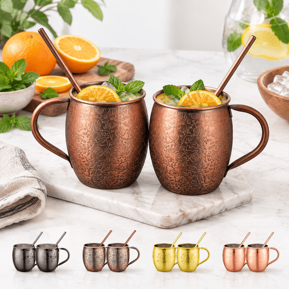Set of 2 Red Copper Plated 18 Oz Moscow Mule Mugs with Stainless Steel Lining