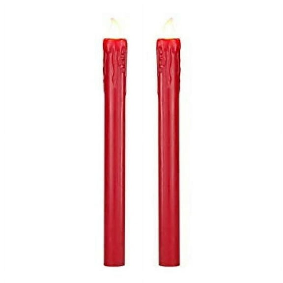 Set of 2 Red Dripping Wax 8 Inch Flameless Battery Operated Taper Candles Yellow LED Flame