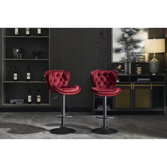 Set of 2 Red Fabric Bar Stools with Non-Slip Base / Ideal for Kitchen and Bar Areas