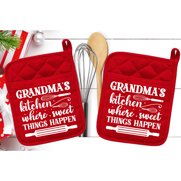 Set of 2  Red Grandmas kitchen where sweet thing happen Pot Holder - Oven Mitt - Hot Pad - Polyester & Neoprene  - 9" x 7" svg101