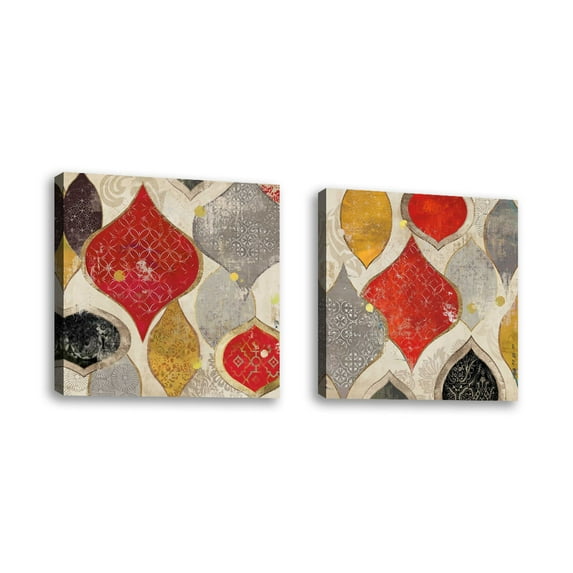 Set of 2 - Red Motif II - Contemporary Fine Art Giclee on Canvas Gallery Wrap - wall décor - Art painting - 24 x 24 Inch - Ready to Hang