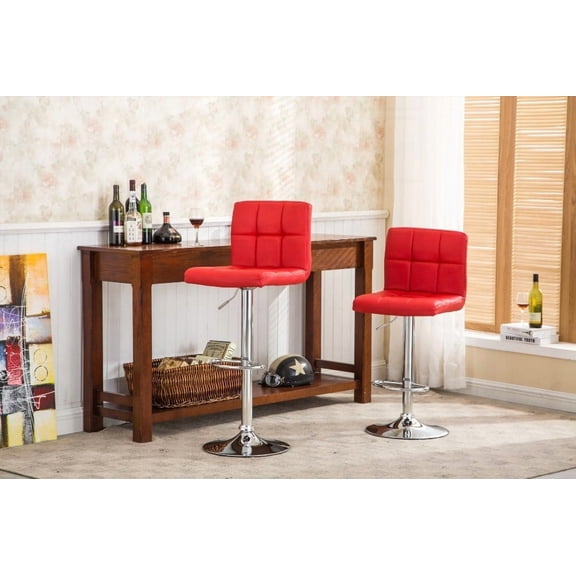 Set of 2 Red Swivel Faux Leather Adjustable Bar Stools with Chrome Base