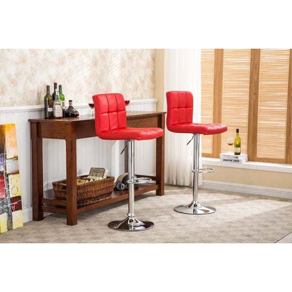 Set of 2 Red Swivel Faux Leather Adjustable Hydraulic Bar Stools for Counter and Bar Height, Space Saving Seating for Dining Room
