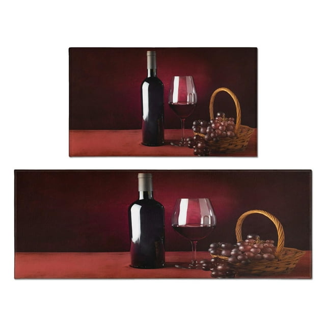 Set of 2 Red Wine Kitchen Rugs with NonSkid Features, Showcasing Grapes & Wine Glasses An