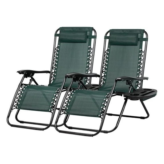 Set of 2 Relaxing Recliners Patio Chairs Adjustable Steel Mesh Lounge Chair Beach Chairs with Pillow and Cup Holder (Dark Green)