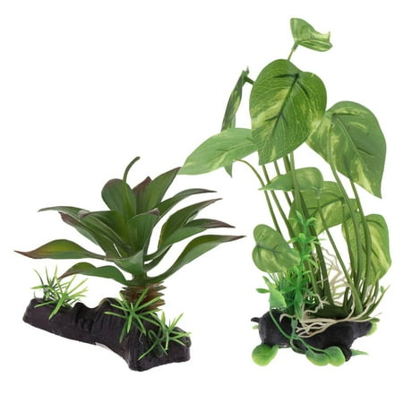 Set of 2 Reptile Terrarium Plants Simulation Plant Landscape for Tortoise, Green