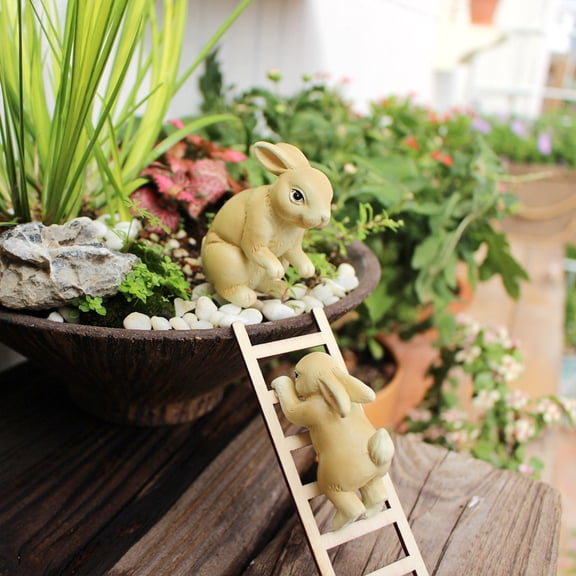 Set of 2 Resin Bunny Figurines with Ladder, Cute Climbing Rabbit Garden Statues, Miniature Animal Decor for Fairy Garden, Tabletop & Easter Gift