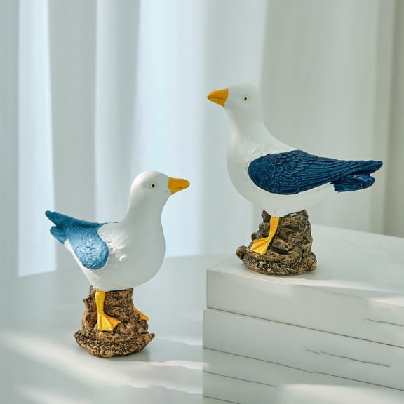 Set of 2 Resin Seagull Figurines, Coastal Mediterranean Bird Statues,Lightweight Decor for Home & Beach Theme
