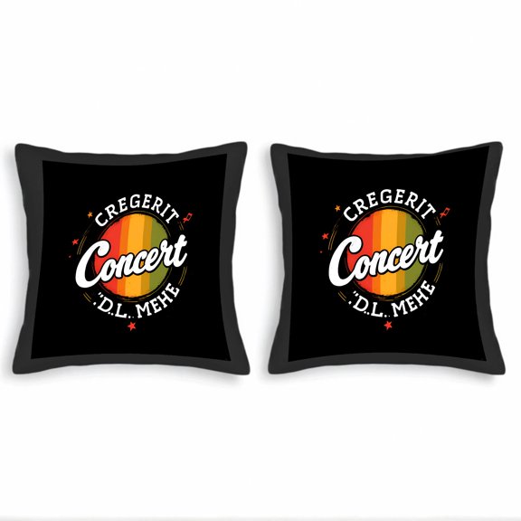 Set of 2 Retro Decorative Throw Pillow Covers 18x18in - Black Background with ' Cregeret Concert ' Design Stars & Musical Notes