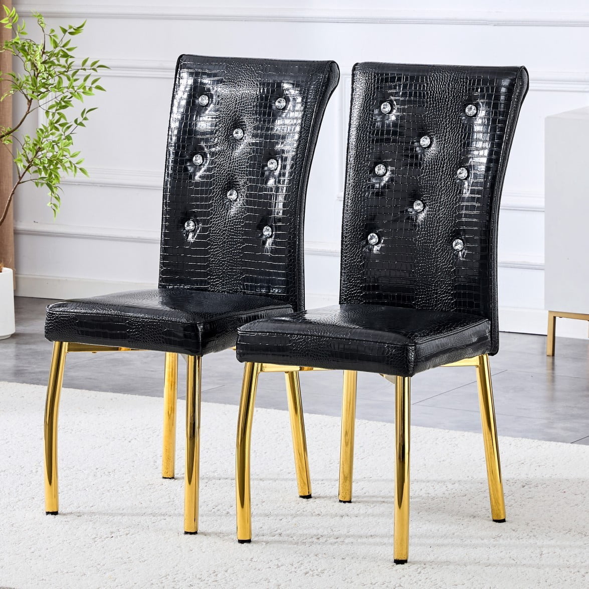 Set of 2 Retro Dining Chairs, Faux Alligator Leather Upholstered Chairs with Crystal Button Details & Gold-Plated Metal Feet, 400 LBS, Black & Gold