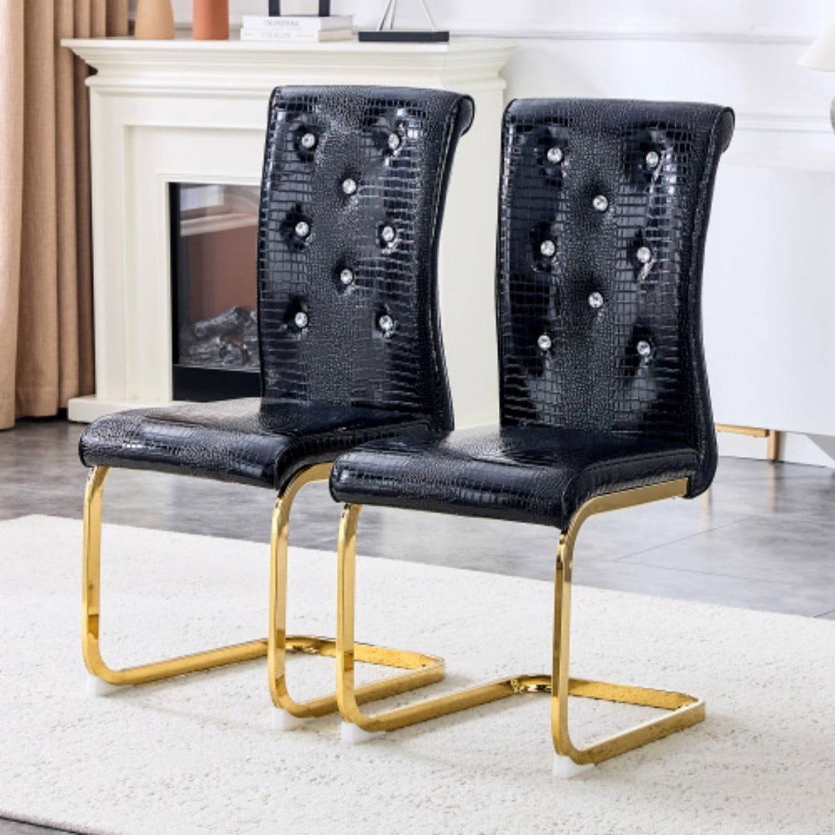Set of 2 Retro Dining Chairs, Faux Alligator Leather Upholstered Chairs with Crystal Button Details & Plated Metal Bow Legs, 400 LBS, Black & Gold