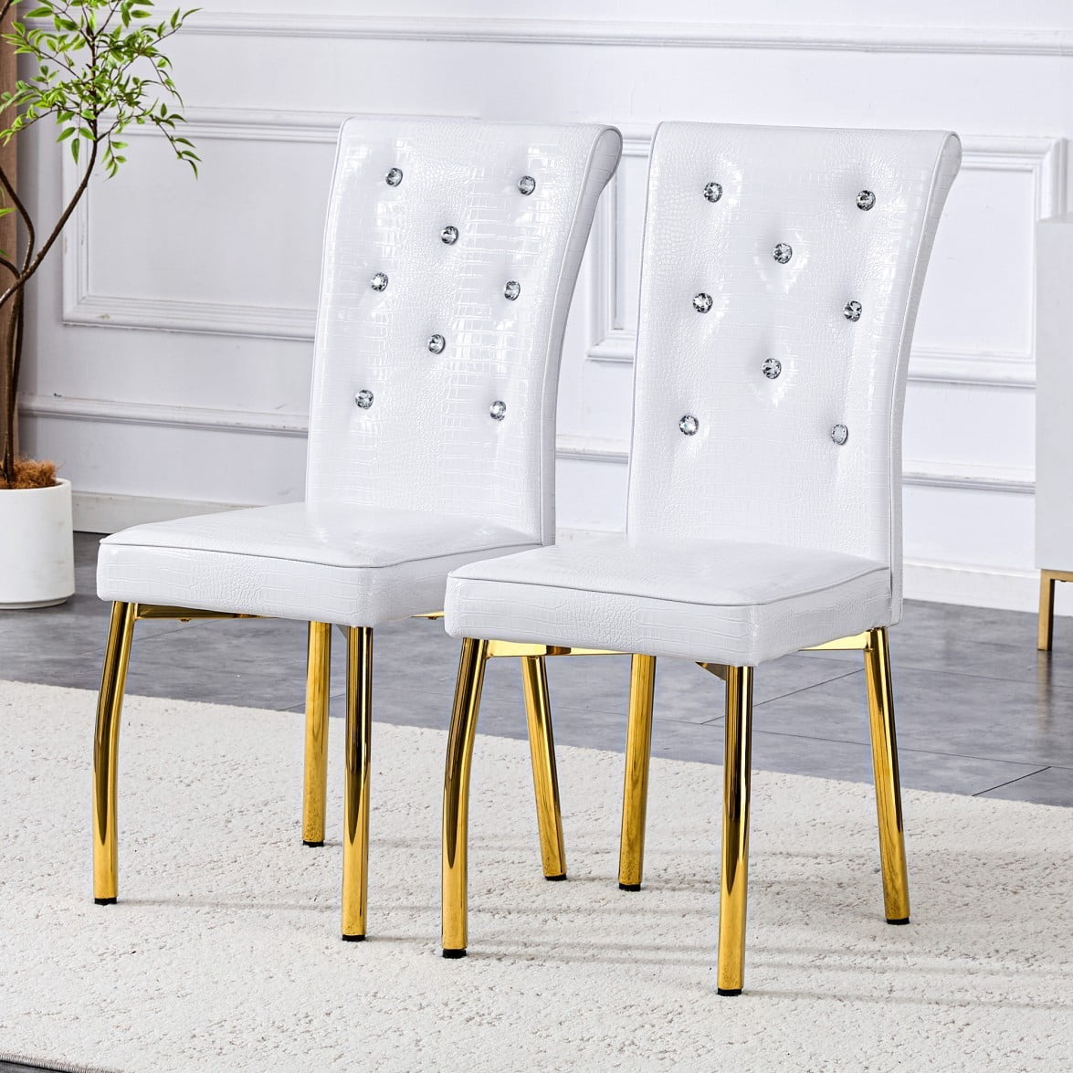 Set of 2 Retro Dining Chairs, Faux Alligator-Textured PVC Leather Upholstered Chairs with Crystal Button Details & G
