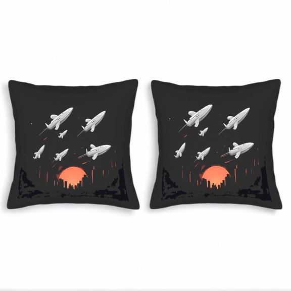 Set of 2 Retro Space-Themed Throw Pillow Covers 18x18in - Black Background with Orange Sun & White Spacecraft for Couch Bed Car