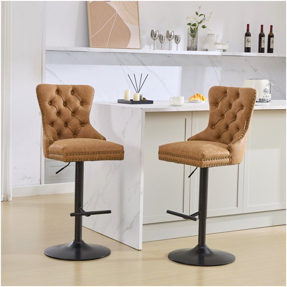 Set of 2 Retro Swivel Bar Stools with Backrest, Orange PU Leather Adjustable Counter Height Stools for Kitchen and Pub