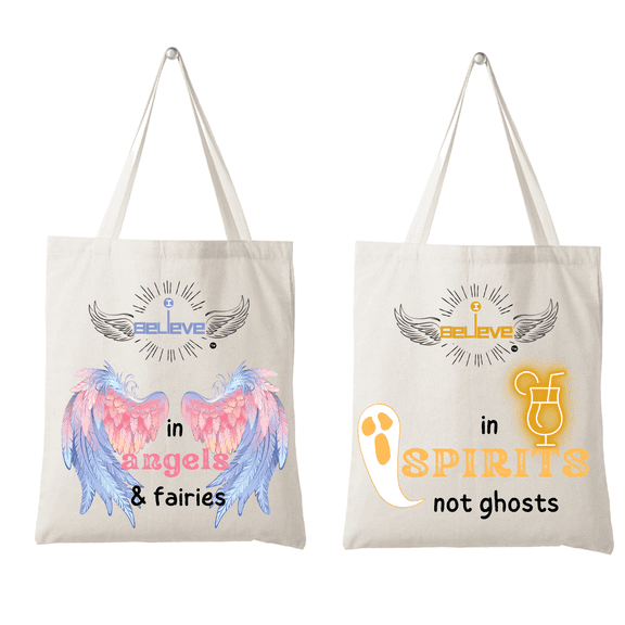 Set of 2 Reusable 100% Cotton Organic Canvas bags - I believe in Angels & Spirits