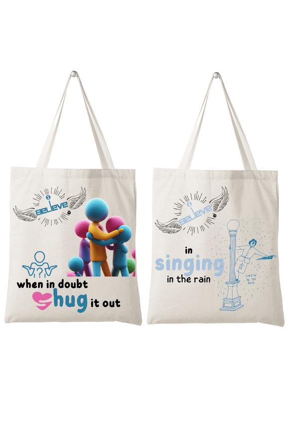 Set of 2 Reusable 100% Cotton Organic Canvas bags - I believe in Hugs & Singing