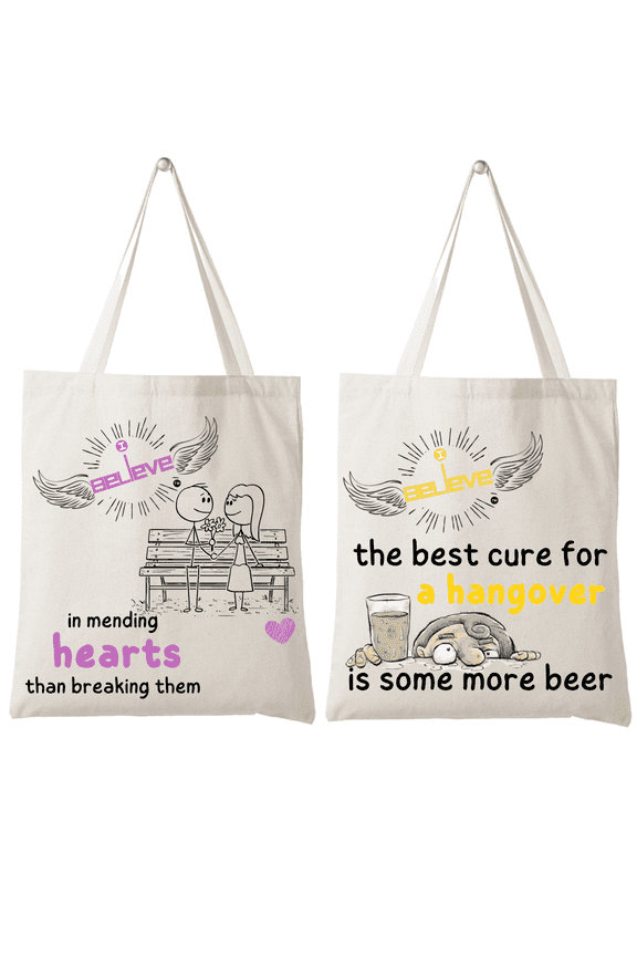 Set of 2 Reusable 100% Cotton Organic Canvas bags - I believe in Mending hearts & Hangovers
