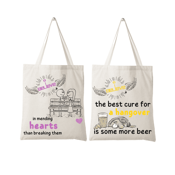 Set of 2 Reusable 100% Cotton Organic Canvas bags - I believe in Mending hearts & Hangovers