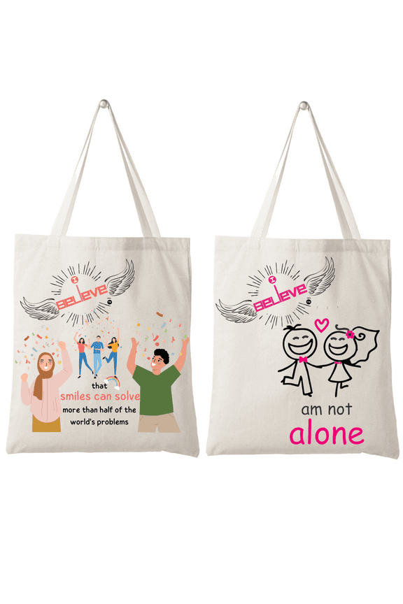 Set of 2 Reusable 100% Cotton Organic Canvas bags - I believe in Smiles & Togetherness