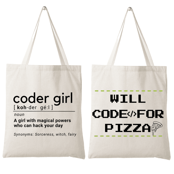 Set of 2 Reusable 100% Cotton Organic Reusable Canvas Shoppers  bags - Coder Girl & Pizza