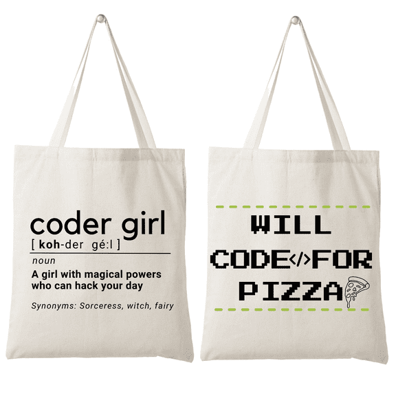 Set of 2 Reusable 100% Cotton Organic Reusable Canvas Shoppers bags - Coder Girl & Pizza