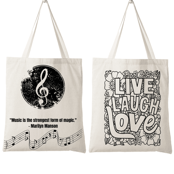 Set of 2 Reusable 100% Cotton Organic Reusable Canvas Shoppers bags - Music & Life