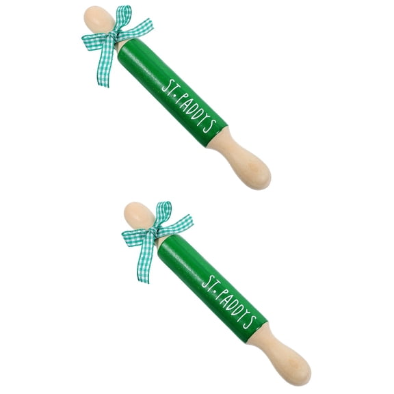 unbranded 2pcs St. Patrick's Day Tiered Tray Decor Tabletop Wood Green Mini Rolling Pin Decoration