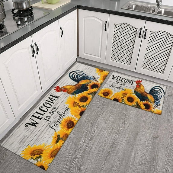 Set of 2 Rooster Kitchen Rugs Floor Mat Farmhouse Kitchen Mat Non Slip Summer Kitchen Rugs and Mats Floor Standing Mat Kitchen Runner Rug