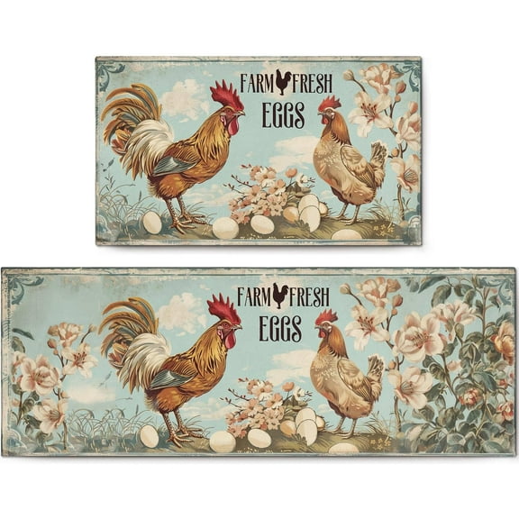 Set of 2 Rooster Kitchen Rugs Non Skid, Washable Chicken Rugs for Kitchen Floor,Farmhouse Decorative Rooster Kitchen Mats and Rugs for Seasonal