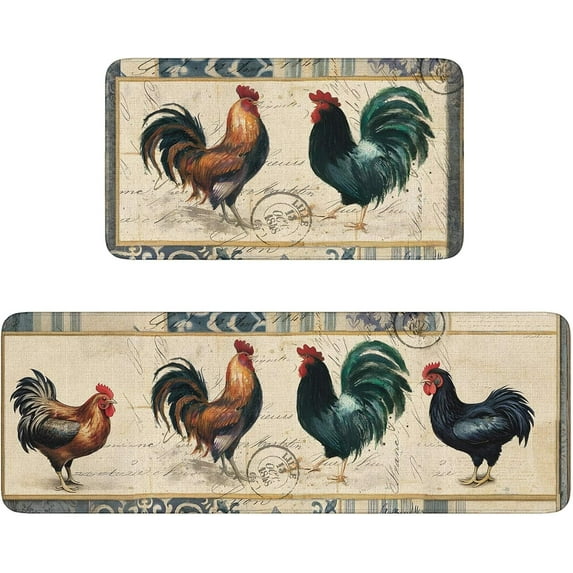 Set of 2 Rooster Kitchen Rugs Non Skid, Washable Chicken Rugs for Kitchen Floor,Farmhouse Decorative Rooster Kitchen Mats and Rugs for Seasonal
