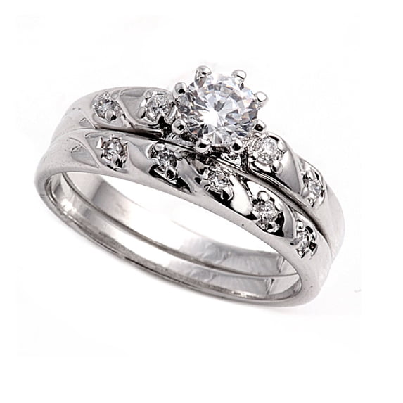 Set of 2 Round Center Cubic Zirconia Ring Sterling Silver 925 Size 6