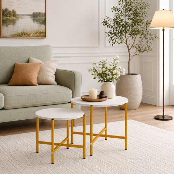 Set of 2 Round Coffee Table with Metal Frame, Modern Nesting Center Table End Tables for Apartment Home Office,White