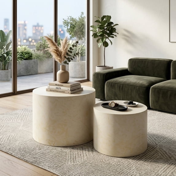 Set of 2 Round Faux Marble Nesting Coffee Tables - Modern Beige Accent Tables