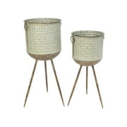 Set of 2 Round Galvanized Planters with Embossed Weave Pattern and Stand