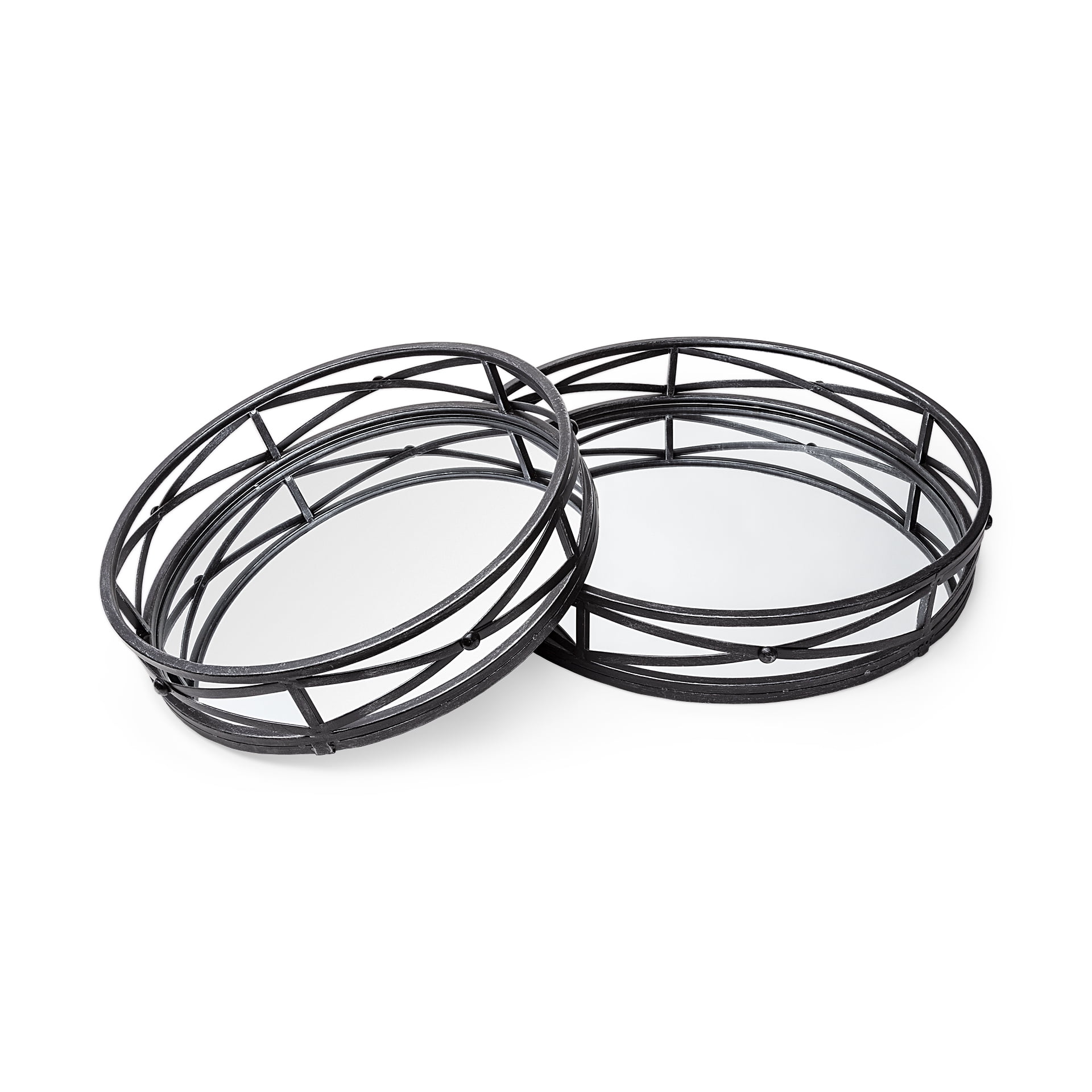 Set Of 2 Round Matte Black Metal With Mirrored Glass Bottom Trays Set Of 2 Round Matte Black Metal With Mirrored Glass Bottom Trays